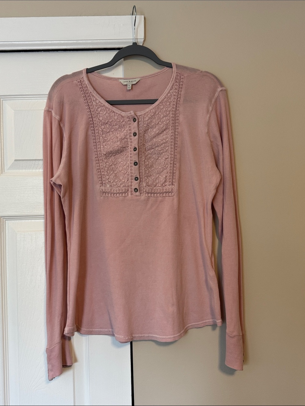 Lucky Brand Lace-Front Henley Long Sleeve Top - Dusty Rose